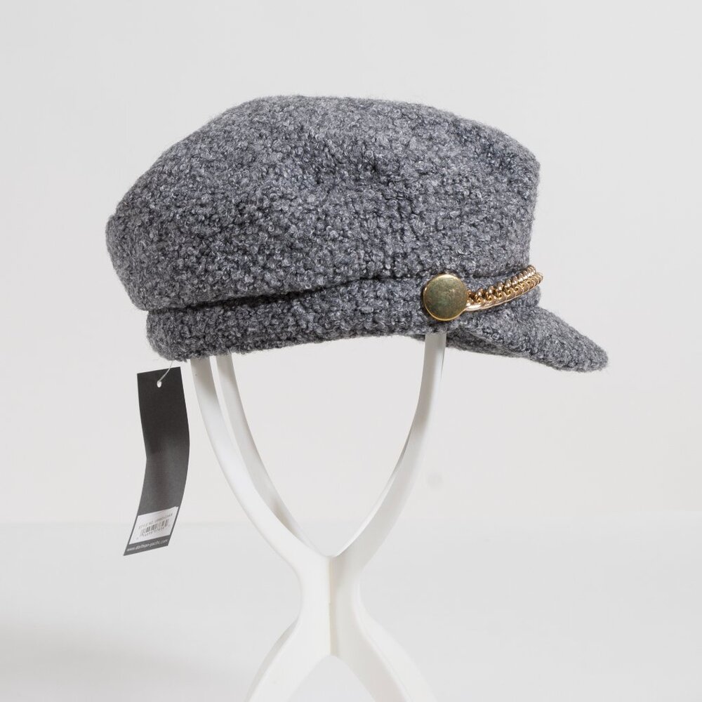 Scala Pronto Grey Bouclé Fisherman Cap with Gold Chain NWT - Picture 2 of 3
